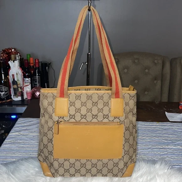 GUCCI GG Canvas Sherry Line Tote Bag Beige Red GUC - Picture 3 of 15